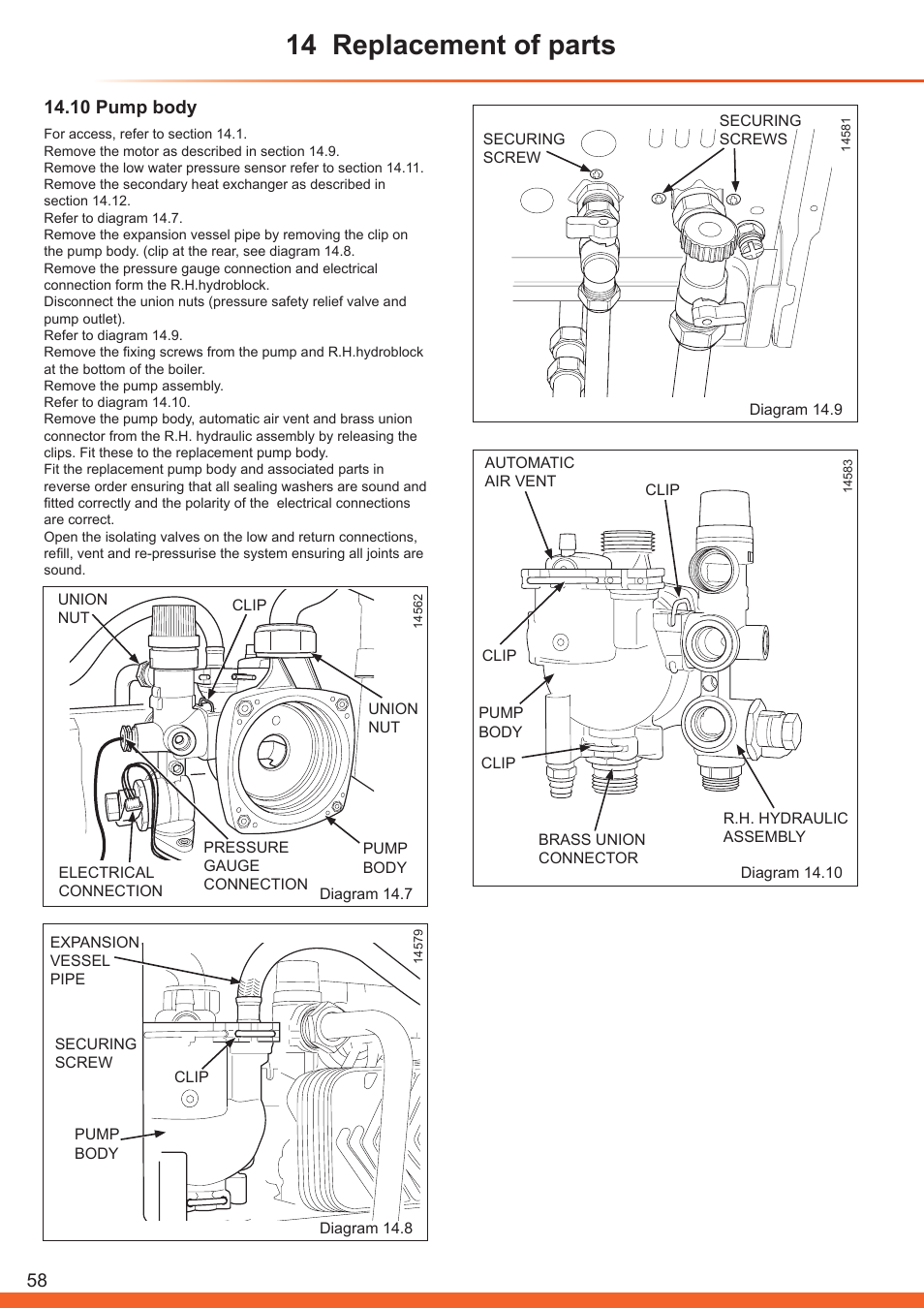 14 replacement of parts, 10 pump body | Glow-worm Betacom C User Manual | Page 58 / 68