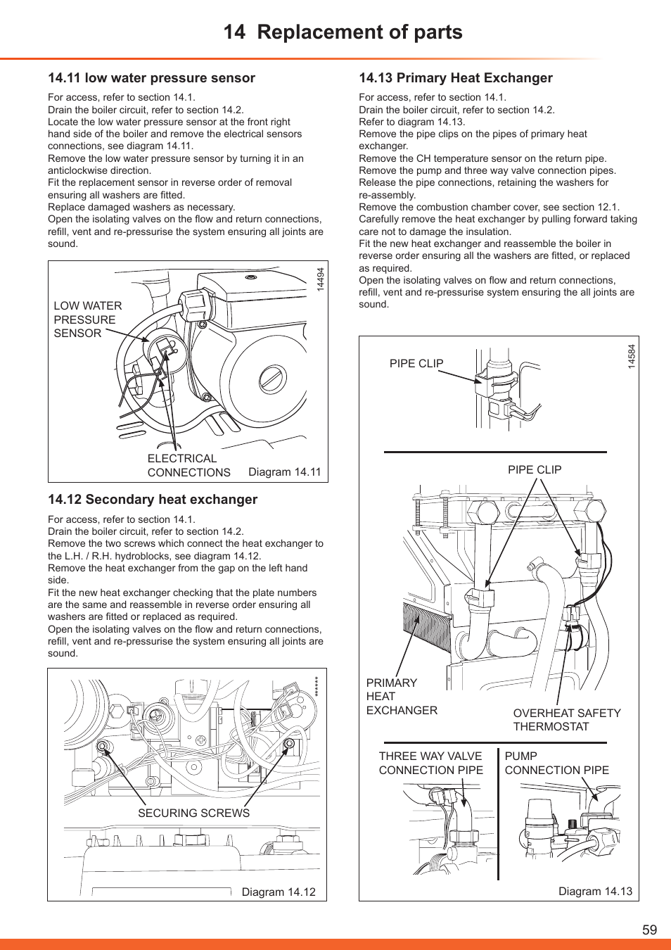 14 replacement of parts, 11 low water pressure sensor, 13 primary heat exchanger | 12 secondary heat exchanger | Glow-worm Betacom C User Manual | Page 59 / 68