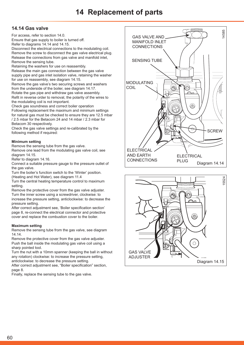 14 replacement of parts, 14 gas valve | Glow-worm Betacom C User Manual | Page 60 / 68