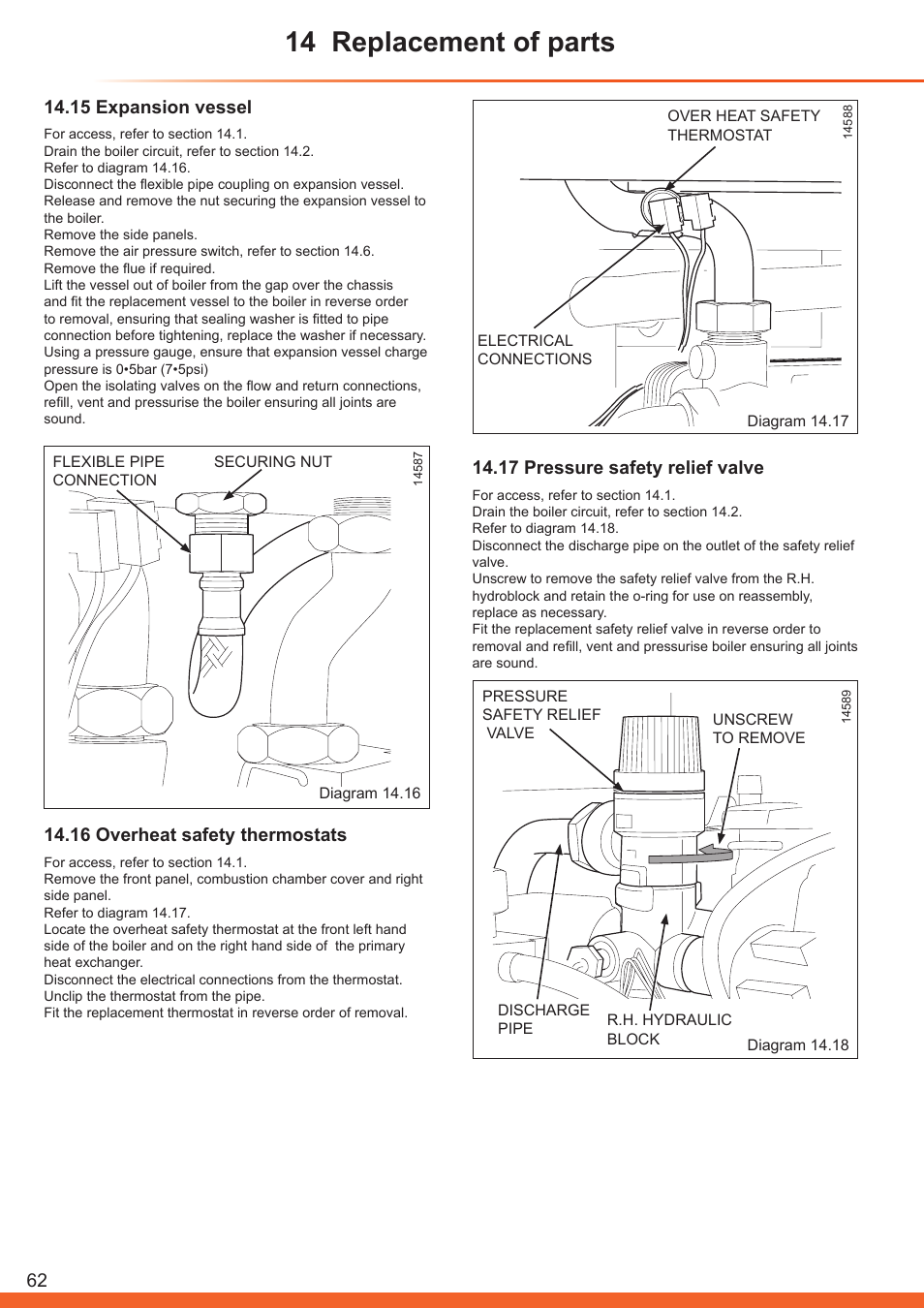 14 replacement of parts, 15 expansion vessel, 16 overheat safety thermostats | 17 pressure safety relief valve | Glow-worm Betacom C User Manual | Page 62 / 68