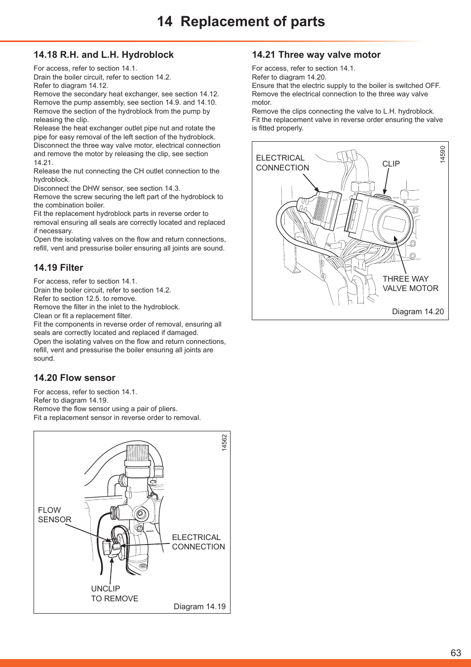 14 replacement of parts, 18 r.h. and l.h. hydroblock, 19 filter | 20 flow sensor, 21 three way valve motor | Glow-worm Betacom C User Manual | Page 63 / 68