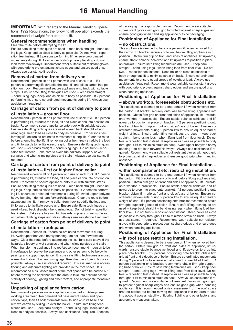 16 manual handling, Important, General recommendations when handling | Removal of carton from delivery van, Unpacking of appliance from carton | Glow-worm Betacom C User Manual | Page 66 / 68