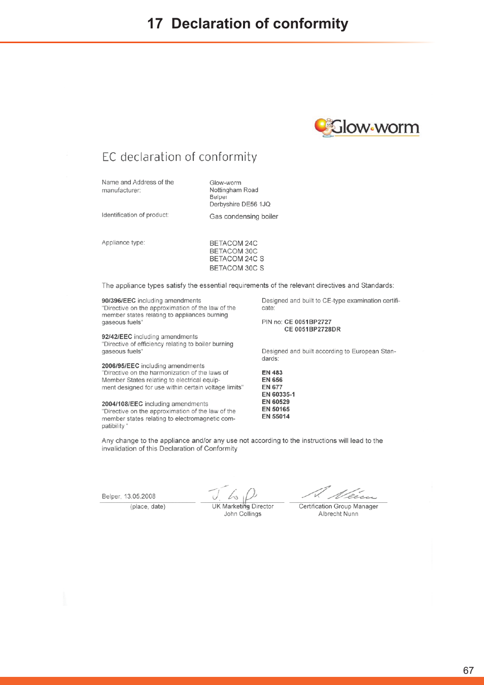 17 declaration of conformity | Glow-worm Betacom C User Manual | Page 67 / 68