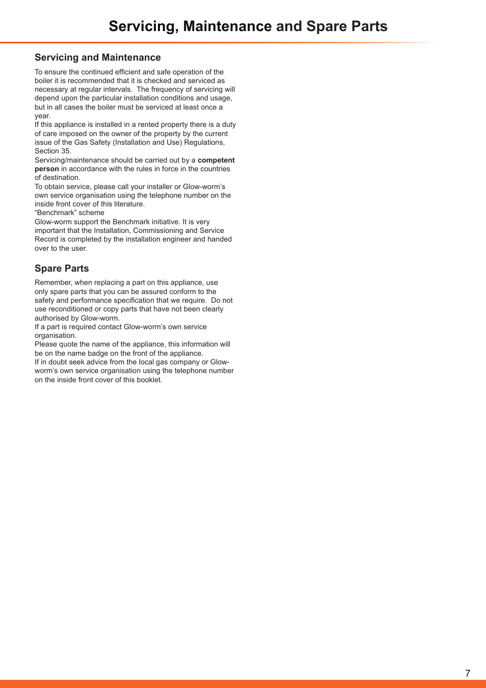 Servicing, maintenance and spare parts, Servicing and maintenance, Spare parts | Glow-worm Betacom C User Manual | Page 7 / 68