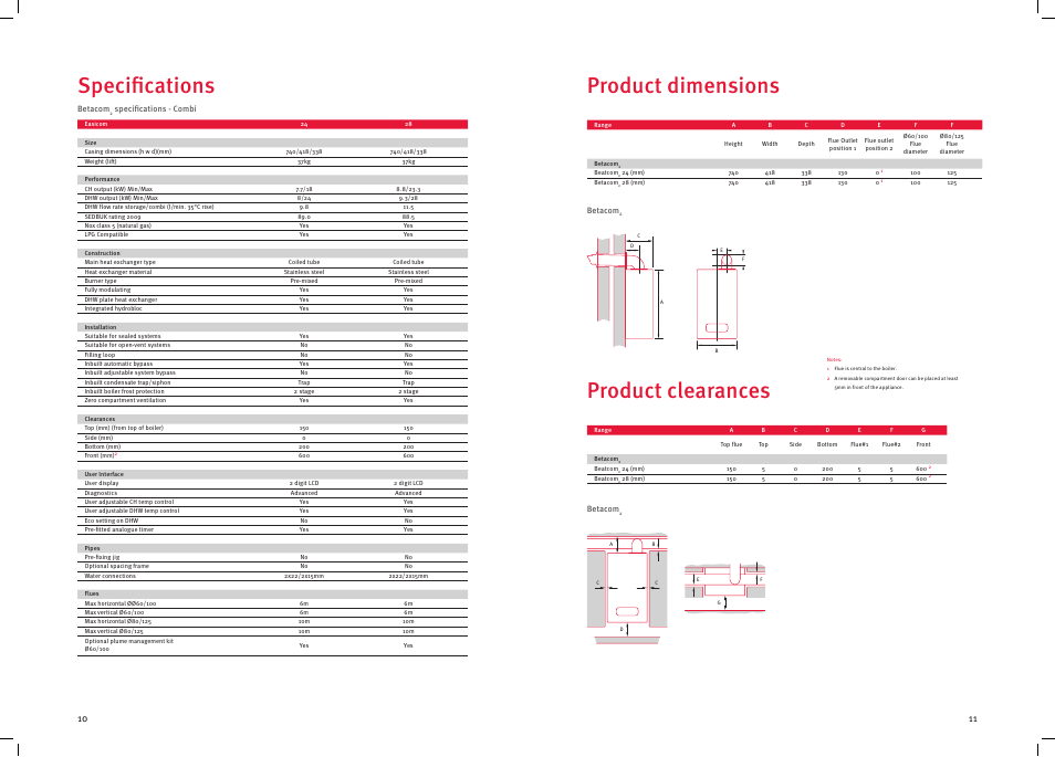 Product dimensions, Specifications, Product clearances | Glow-worm Betacom2 User Manual | Page 6 / 8