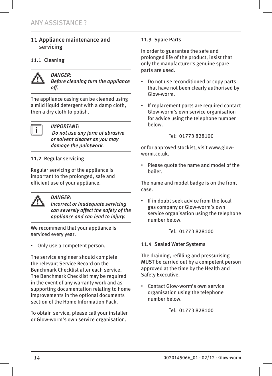 Any assistance | Glow-worm Betacom2 User Manual | Page 16 / 20