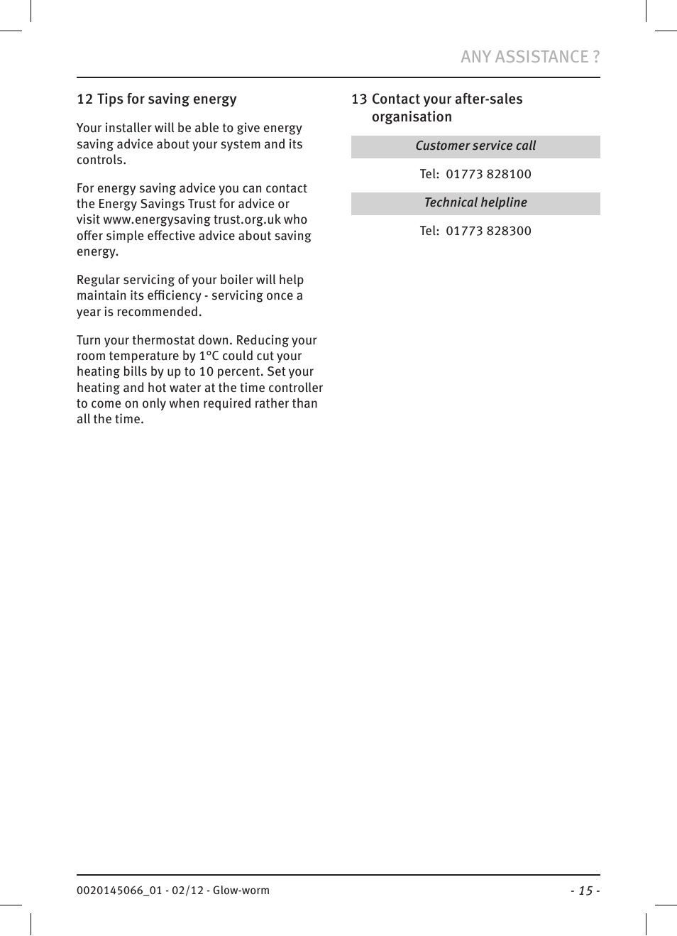 Any assistance | Glow-worm Betacom2 User Manual | Page 17 / 20