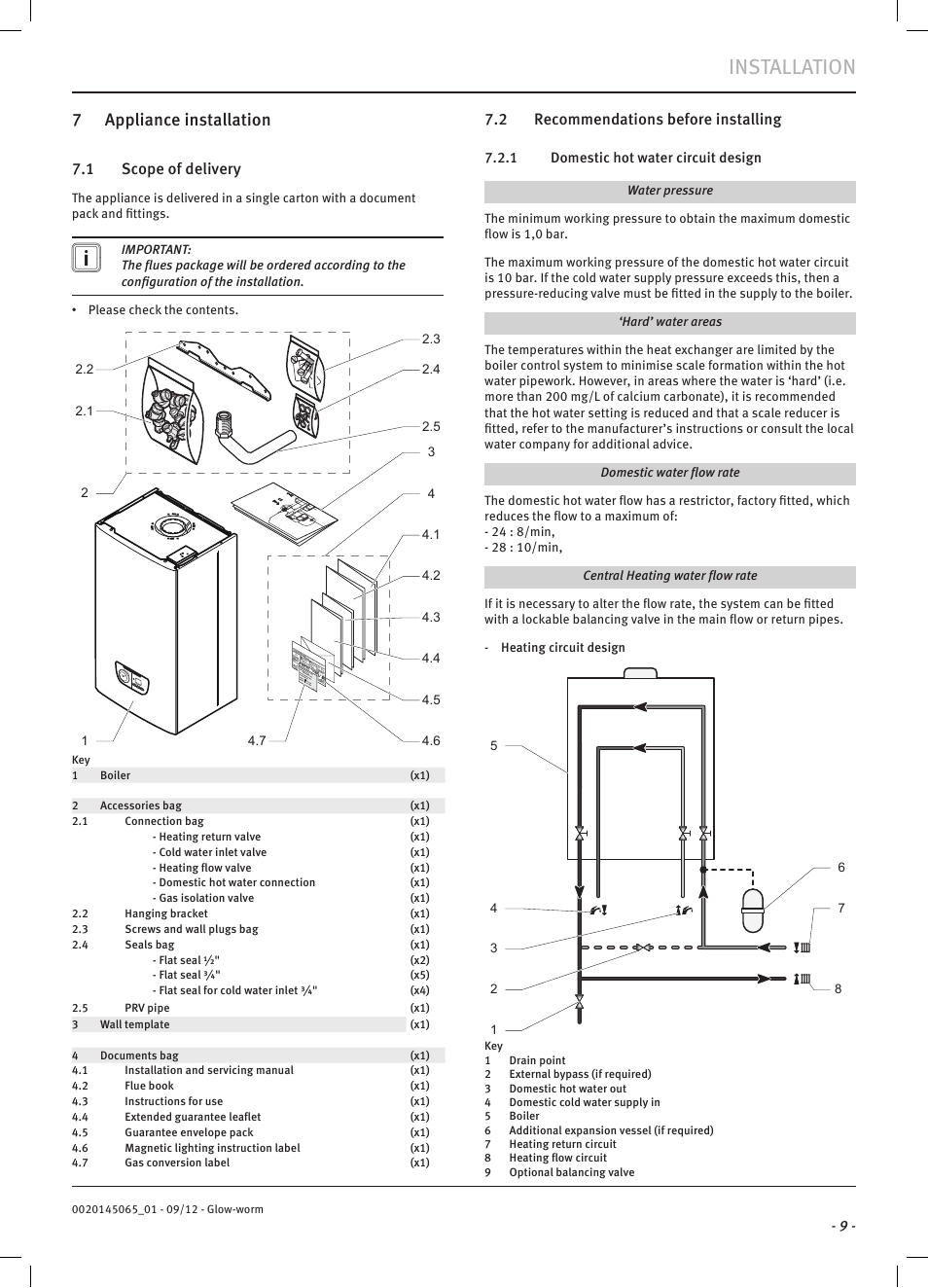 Installation, 7 appliance installation, 1 scope of delivery | 2 recommendations before installing | Glow-worm Betacom2 User Manual | Page 11 / 56