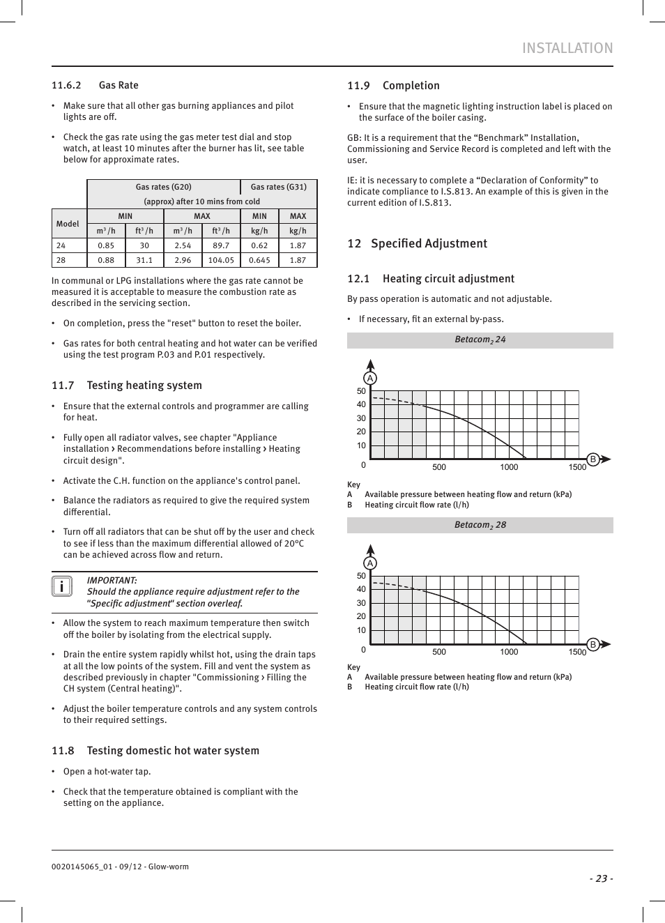 Installation, 12 specified adjustment, 7 testing heating system | 8 testing domestic hot water system, 9 completion, 1 heating circuit adjustment | Glow-worm Betacom2 User Manual | Page 25 / 56