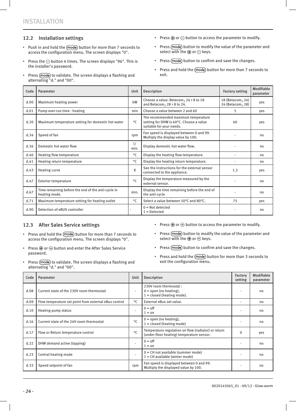 Installation, 2 installation settings, 3 after sales service settings | Glow-worm Betacom2 User Manual | Page 26 / 56