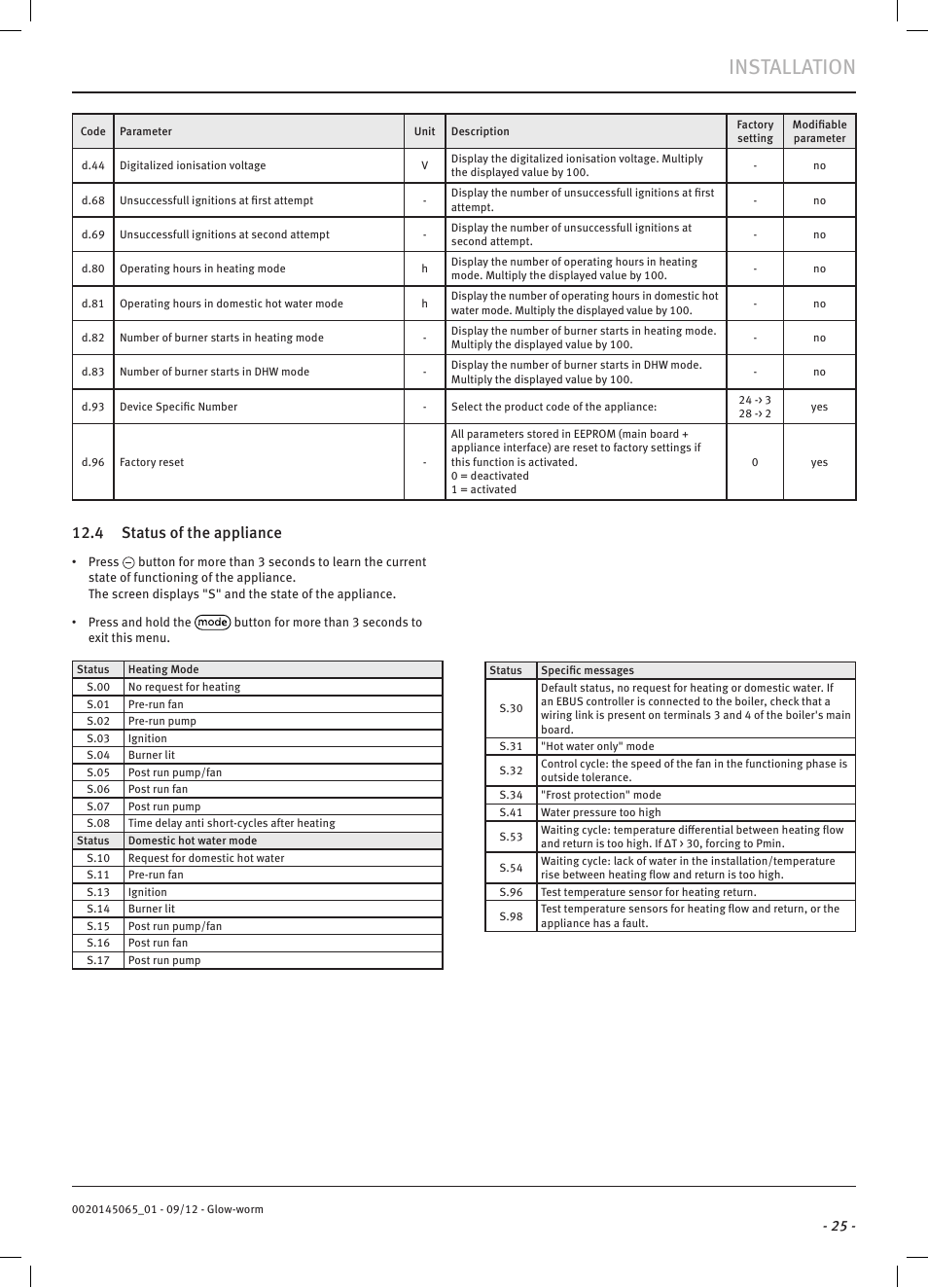 Installation, 4 status of the appliance | Glow-worm Betacom2 User Manual | Page 27 / 56