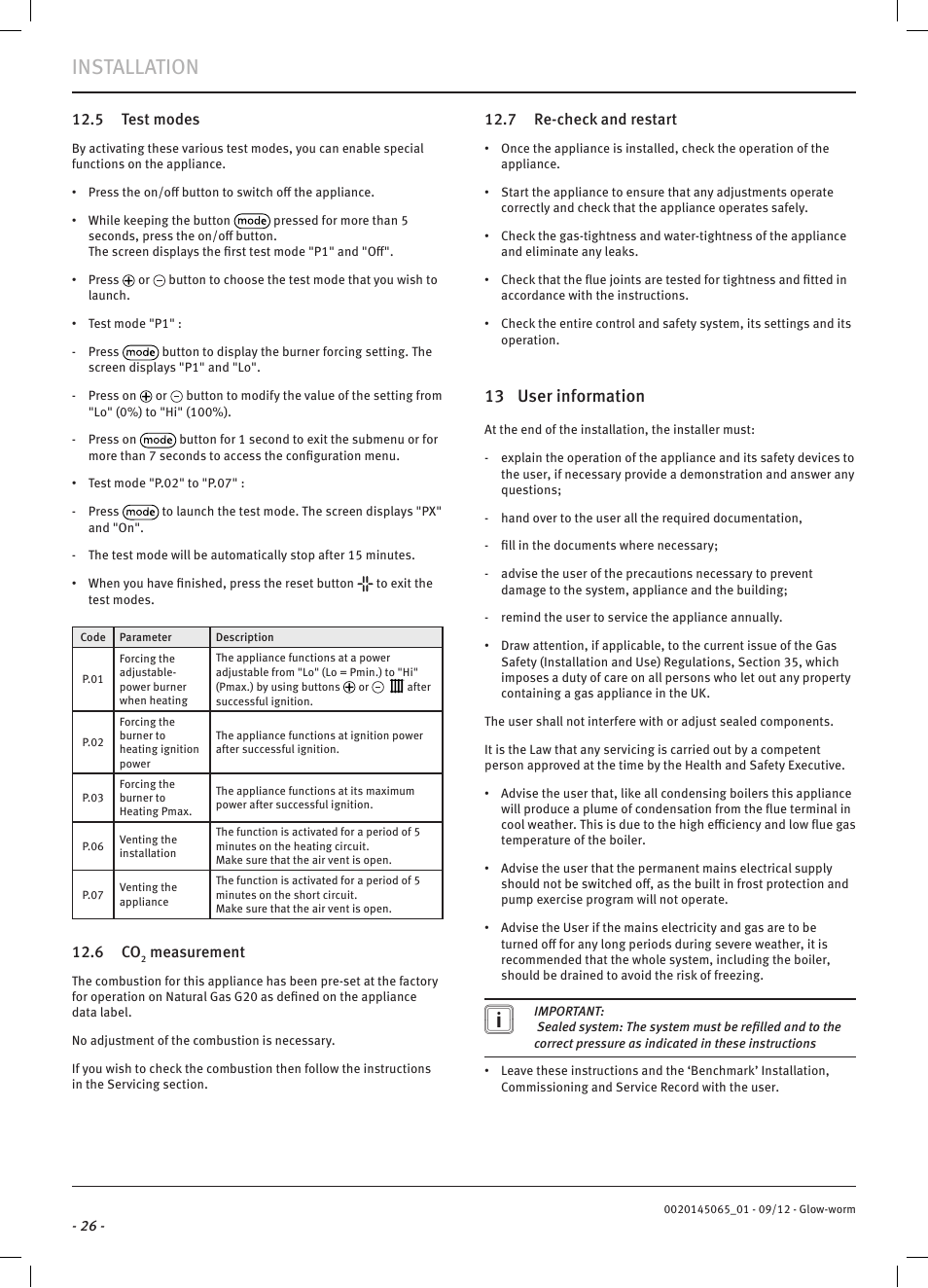 Installation, 13 user information | Glow-worm Betacom2 User Manual | Page 28 / 56