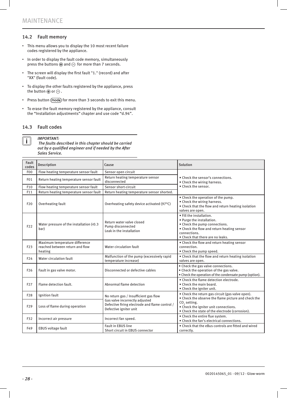 Maintenance, 3 fault codes | Glow-worm Betacom2 User Manual | Page 30 / 56