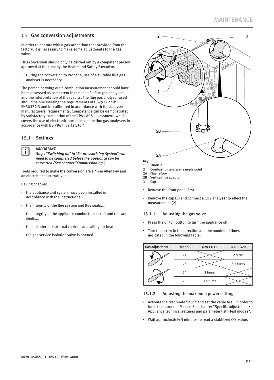 Maintenance, 15 gas conversion adjustments | Glow-worm Betacom2 User Manual | Page 33 / 56