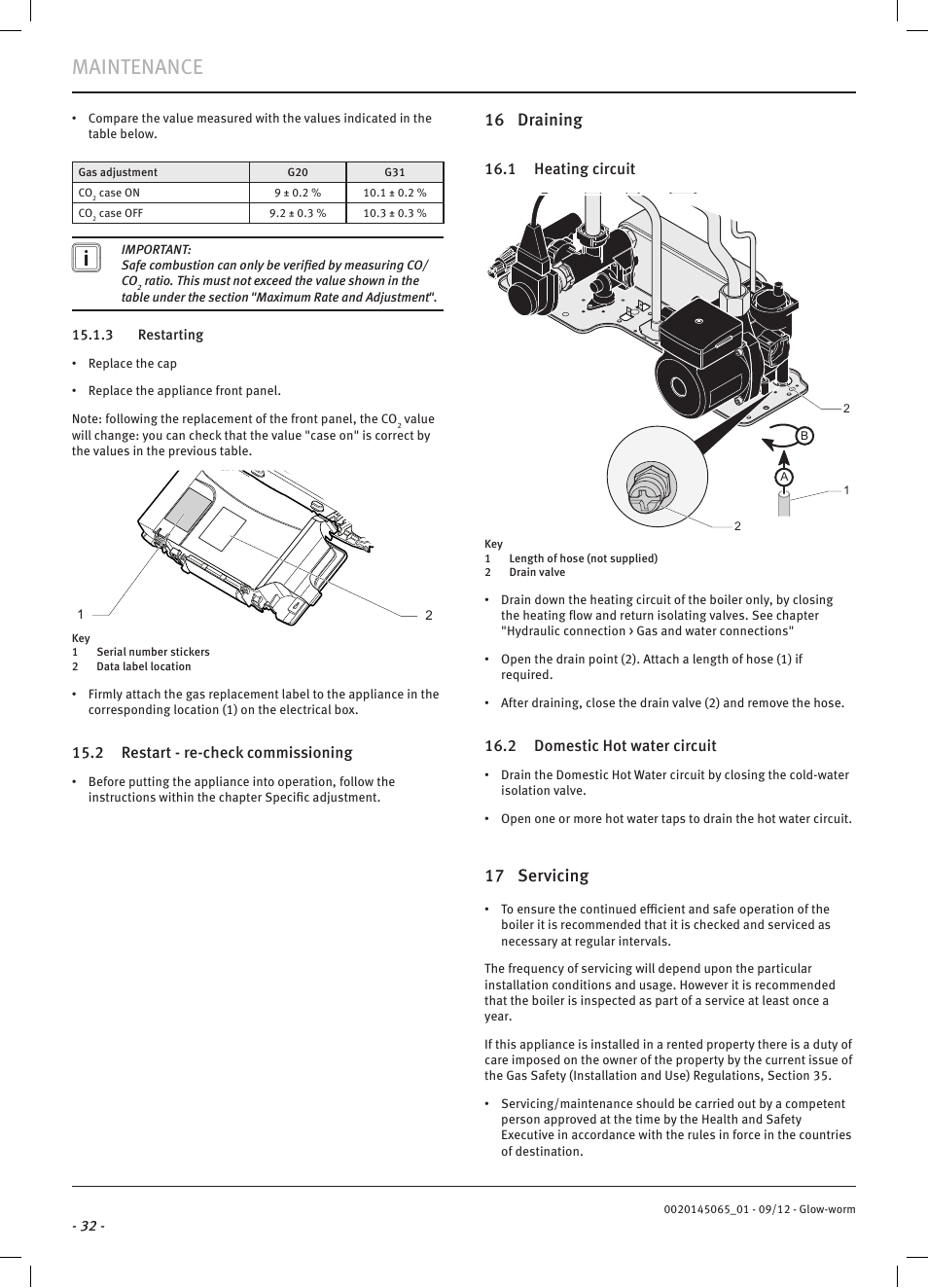 Maintenance, 16 draining, 17 servicing | Glow-worm Betacom2 User Manual | Page 34 / 56