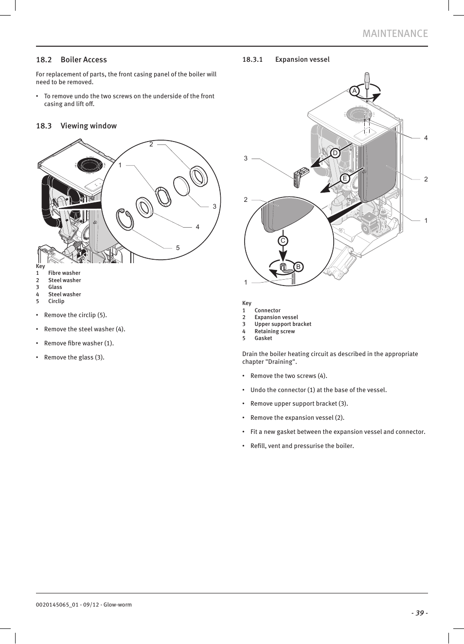Maintenance, 2 boiler access, 3 viewing window | Glow-worm Betacom2 User Manual | Page 41 / 56