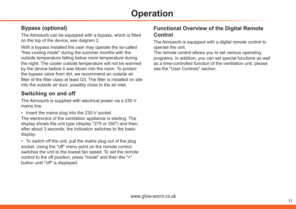 Operation | Glow-worm Clearly Heat Recovery User Manual | Page 11 / 20