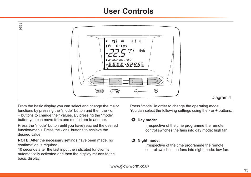 User controls | Glow-worm Clearly Heat Recovery User Manual | Page 13 / 20