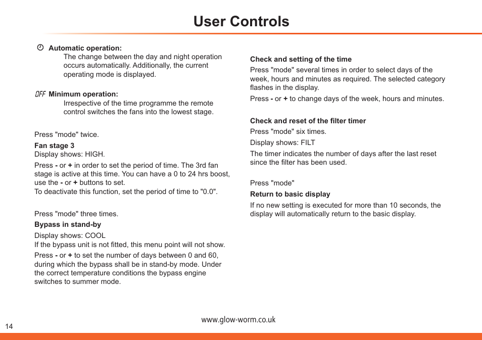 User controls | Glow-worm Clearly Heat Recovery User Manual | Page 14 / 20