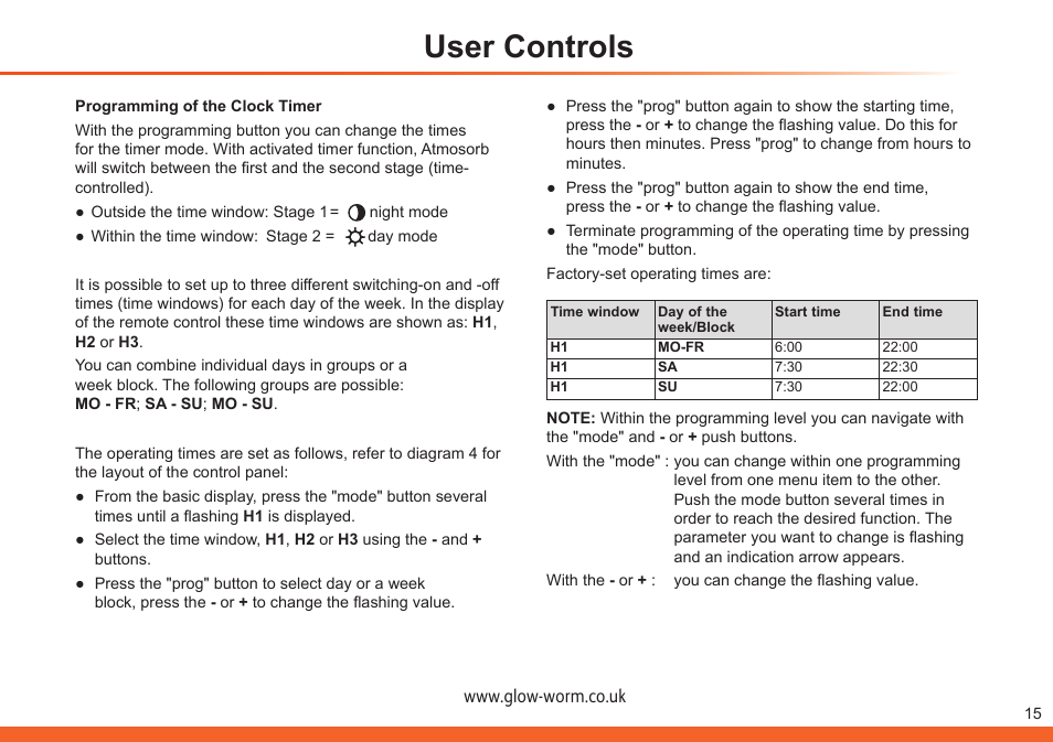 User controls | Glow-worm Clearly Heat Recovery User Manual | Page 15 / 20