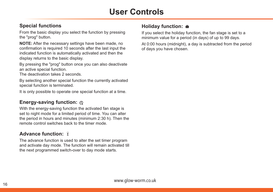 User controls | Glow-worm Clearly Heat Recovery User Manual | Page 16 / 20