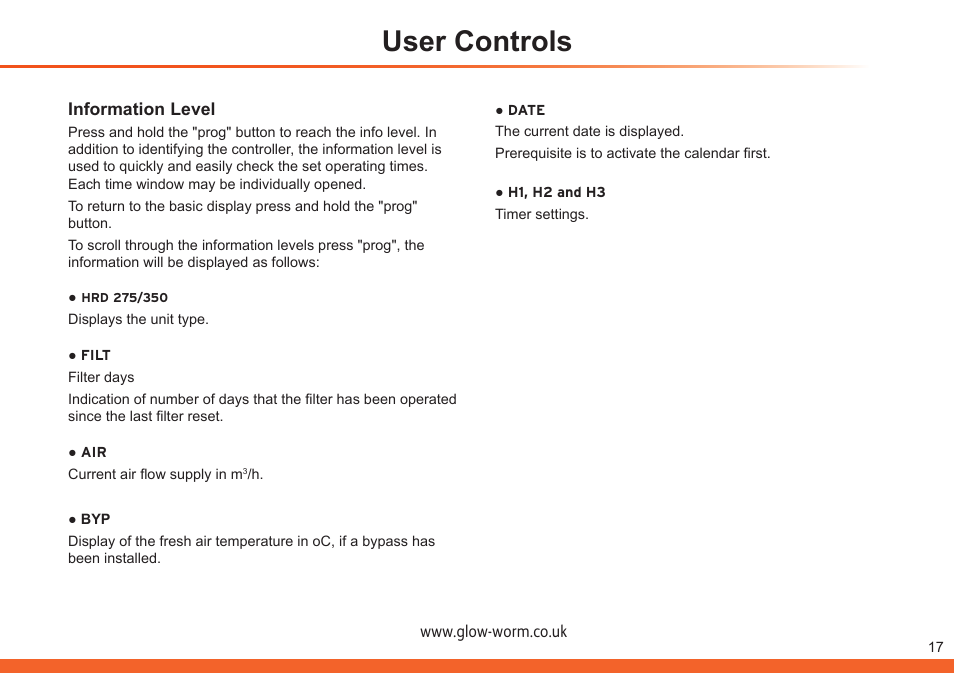 User controls | Glow-worm Clearly Heat Recovery User Manual | Page 17 / 20