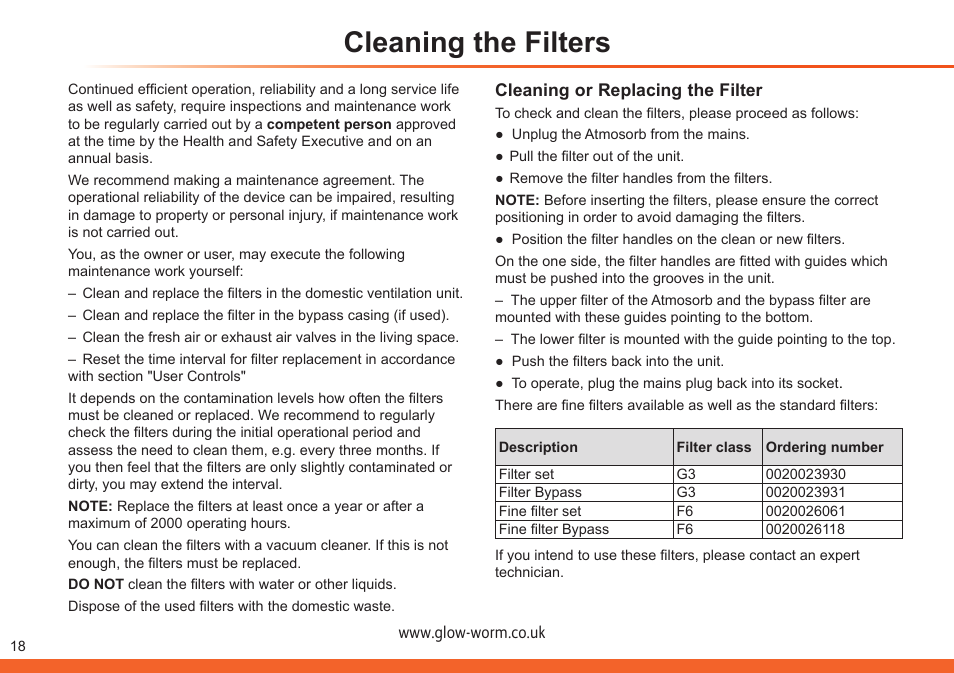 Cleaning the filters | Glow-worm Clearly Heat Recovery User Manual | Page 18 / 20