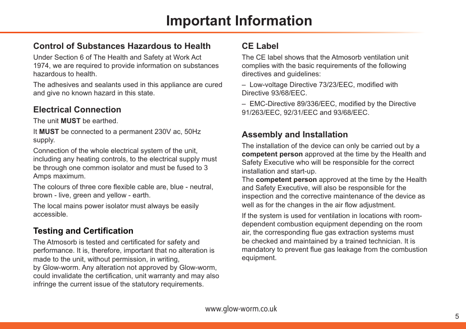 Important information | Glow-worm Clearly Heat Recovery User Manual | Page 5 / 20