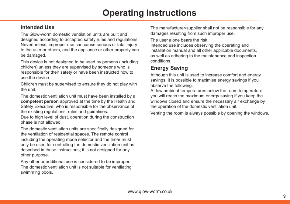 Operating instructions | Glow-worm Clearly Heat Recovery User Manual | Page 9 / 20