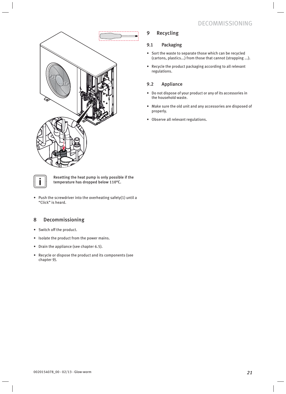 Decommissioning | Glow-worm Clearly Heat Pumps Envirosorb3 User Manual | Page 21 / 28