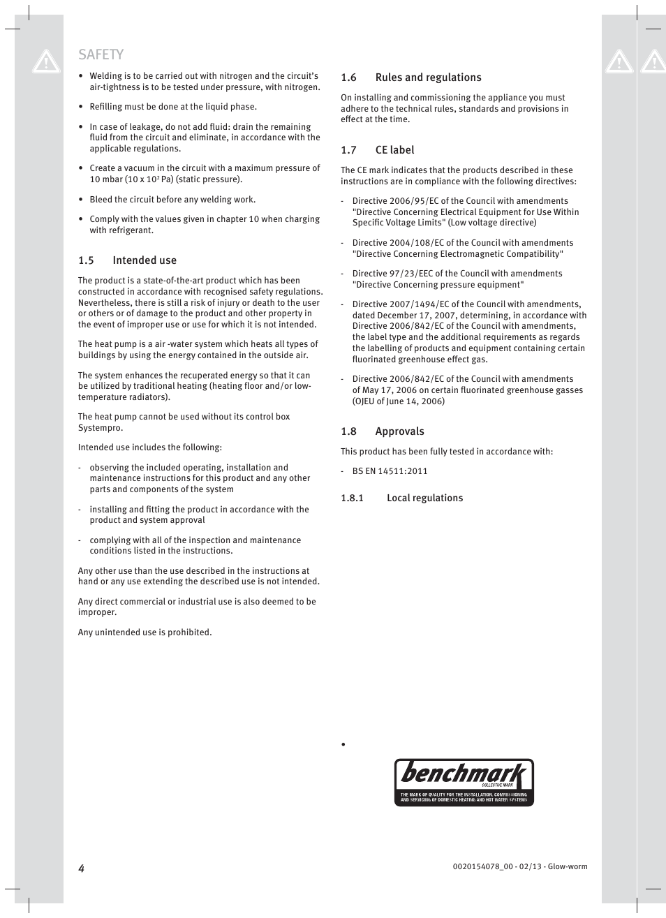 Safety | Glow-worm Clearly Heat Pumps Envirosorb3 User Manual | Page 4 / 28