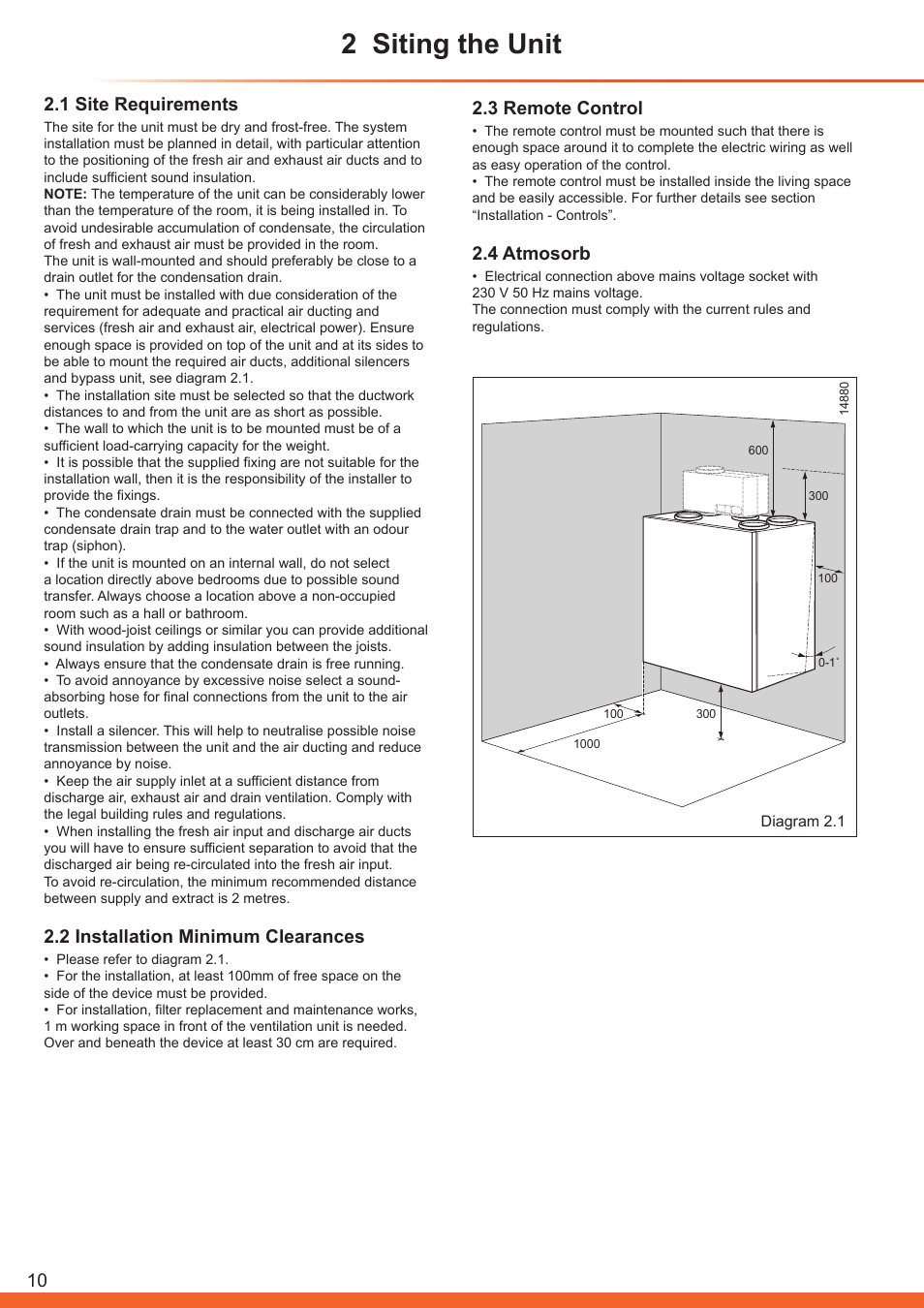 2 siting the unit, 1 site requirements, 2 installation minimum clearances | 3 remote control, 4 atmosorb | Glow-worm Clearly Heat Recovery User Manual | Page 10 / 32