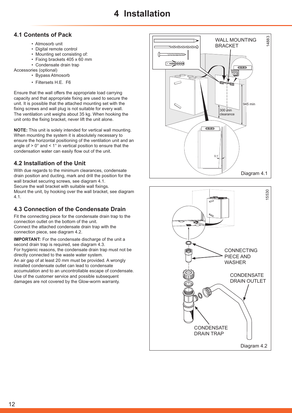 4 installation, 1 contents of pack, 2 installation of the unit | 3 connection of the condensate drain | Glow-worm Clearly Heat Recovery User Manual | Page 12 / 32