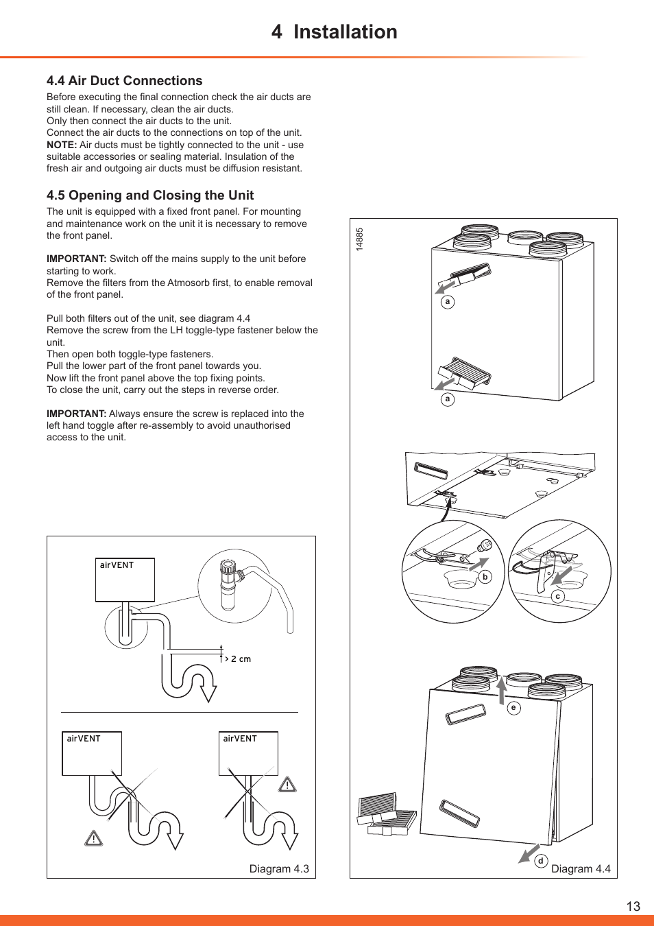 4 installation, 4 air duct connections, 5 opening and closing the unit | Glow-worm Clearly Heat Recovery User Manual | Page 13 / 32