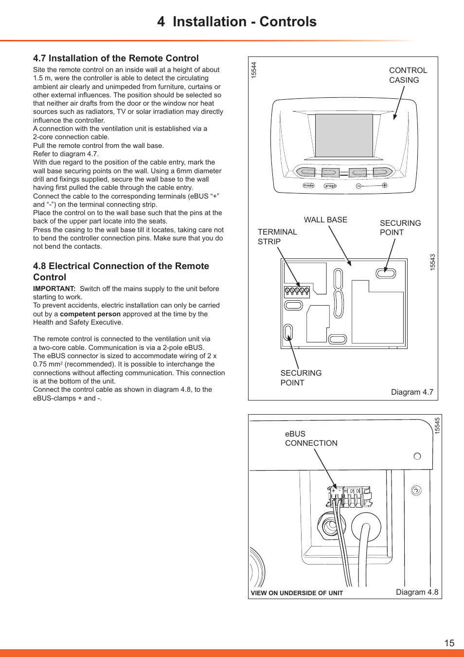 4 installation - controls, 7 installation of the remote control, 8 electrical connection of the remote control | Glow-worm Clearly Heat Recovery User Manual | Page 15 / 32