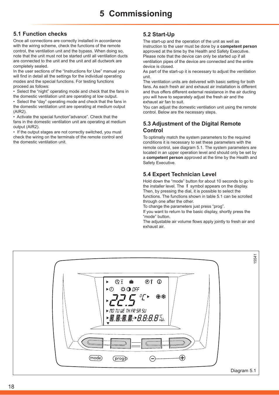 5 commissioning, 1 function checks, 2 start-up | 3 adjustment of the digital remote control, 4 expert technician level | Glow-worm Clearly Heat Recovery User Manual | Page 18 / 32