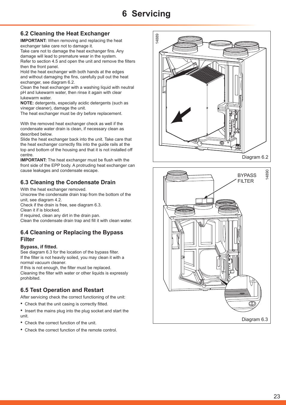 6 servicing, 2 cleaning the heat exchanger, 3 cleaning the condensate drain | 4 cleaning or replacing the bypass filter, 5 test operation and restart | Glow-worm Clearly Heat Recovery User Manual | Page 23 / 32