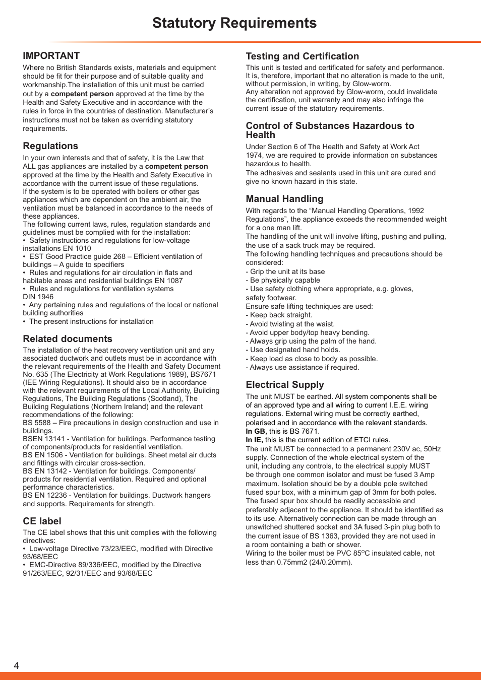 Statutory requirements, Important, Regulations | Related documents, Ce label, Testing and certification, Control of substances hazardous to health, Manual handling, Electrical supply | Glow-worm Clearly Heat Recovery User Manual | Page 4 / 32