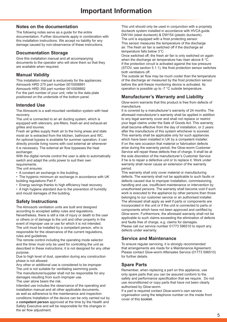 Important information, Documentation storage, Manual validity | Intended use, Safety instructions, Manufacturer’s warranty and liability, Service and maintenance, Spare parts | Glow-worm Clearly Heat Recovery User Manual | Page 5 / 32