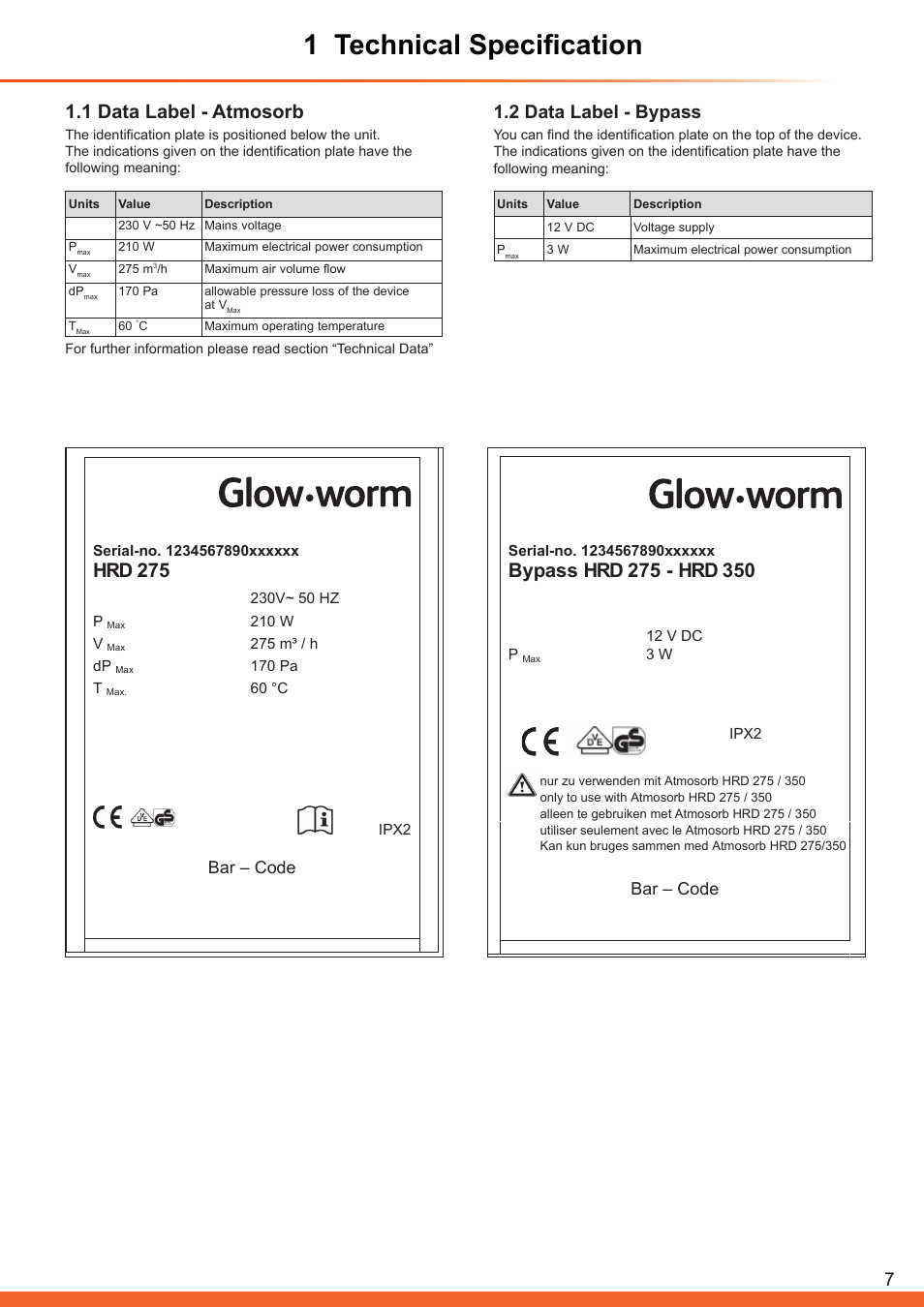 1 technical specification, Hrd 275, 1 data label - atmosorb | 2 data label - bypass, Bar – code | Glow-worm Clearly Heat Recovery User Manual | Page 7 / 32