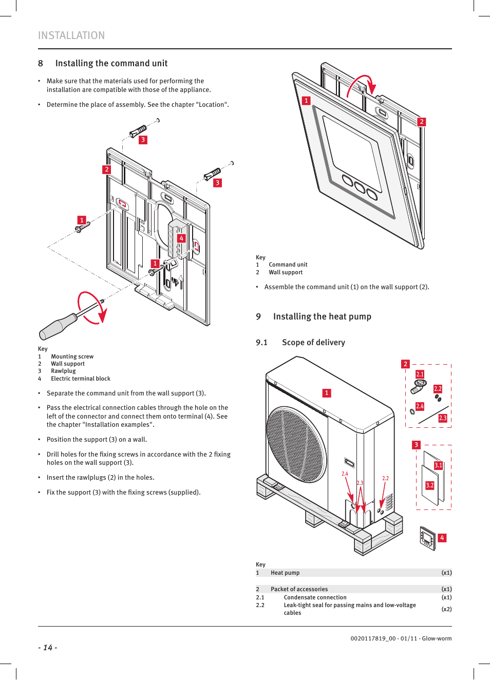 Installation, 8 installing the command unit, 9 installing the heat pump | Glow-worm Clearly Heat Pumps Envirosorb2 User Manual | Page 16 / 44