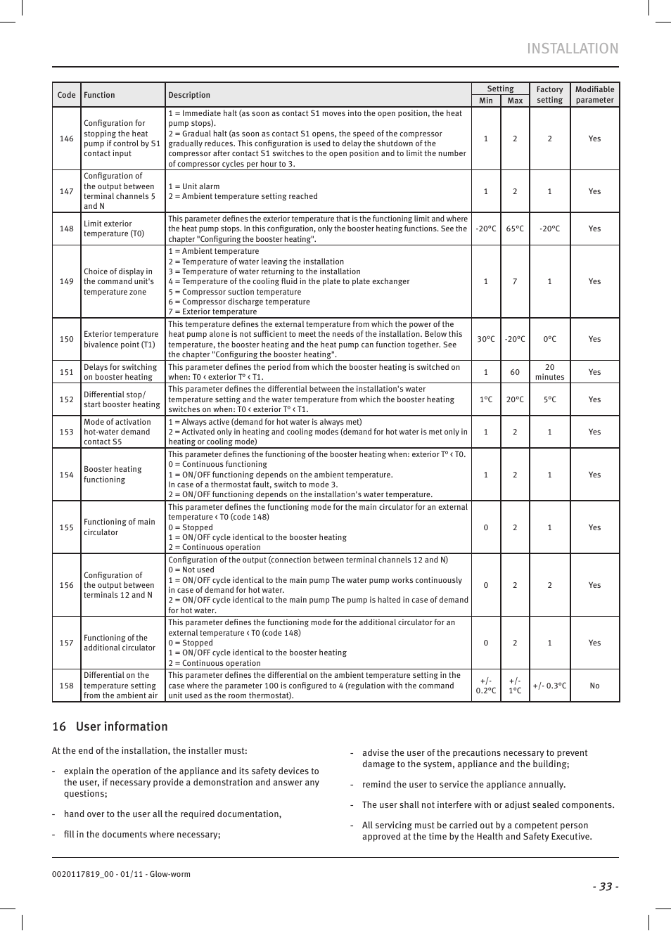 Installation, 16 user information | Glow-worm Clearly Heat Pumps Envirosorb2 User Manual | Page 35 / 44