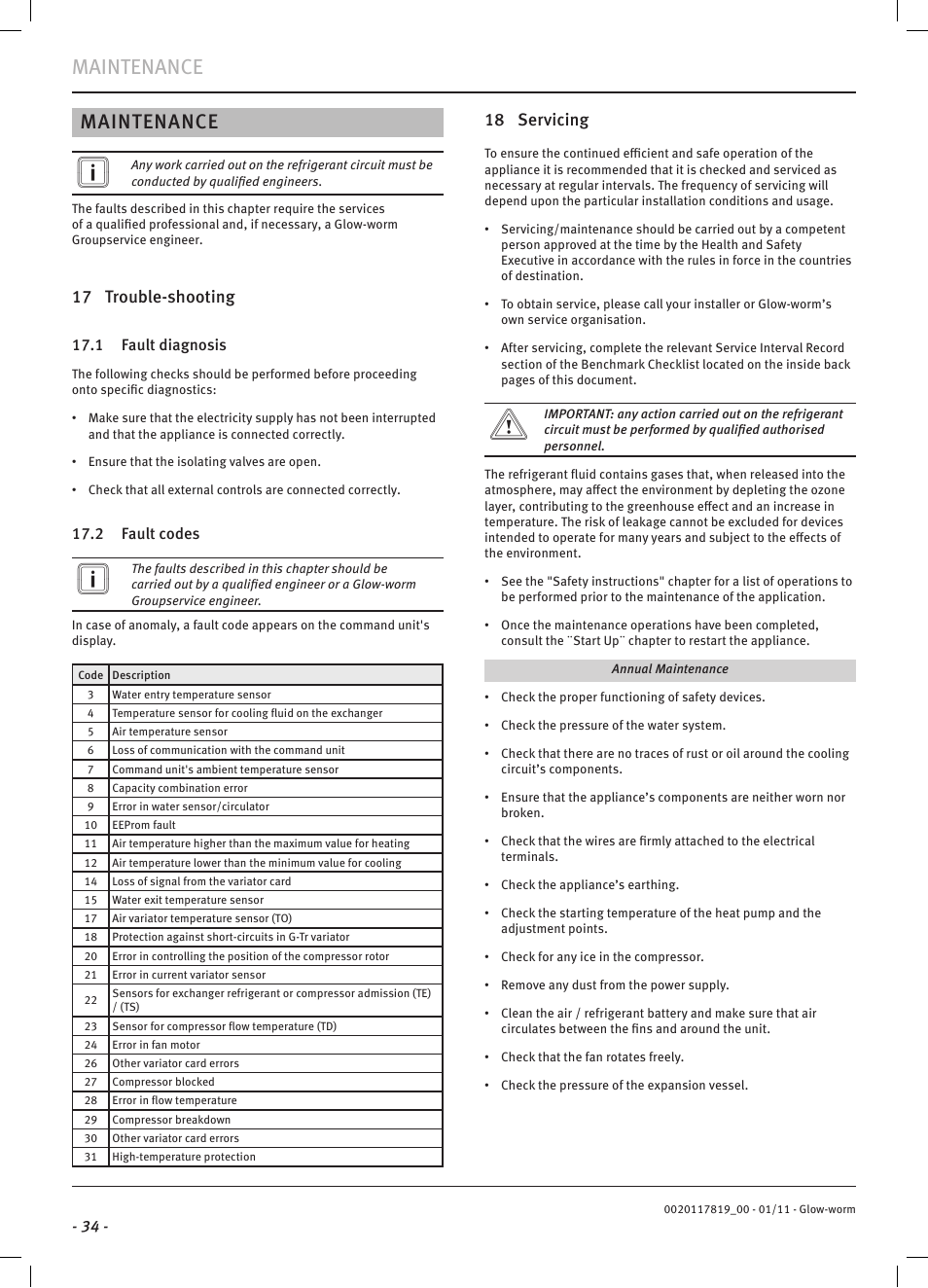 Maintenance | Glow-worm Clearly Heat Pumps Envirosorb2 User Manual | Page 36 / 44