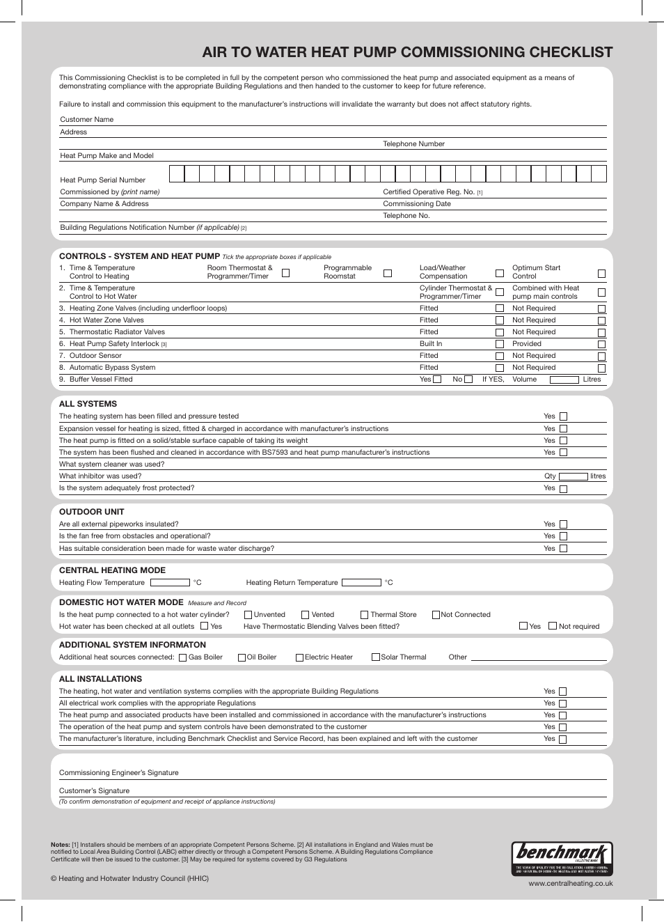 Air to water heat pump commissioning checklist, Service record | Glow-worm Clearly Heat Pumps Envirosorb2 User Manual | Page 38 / 44