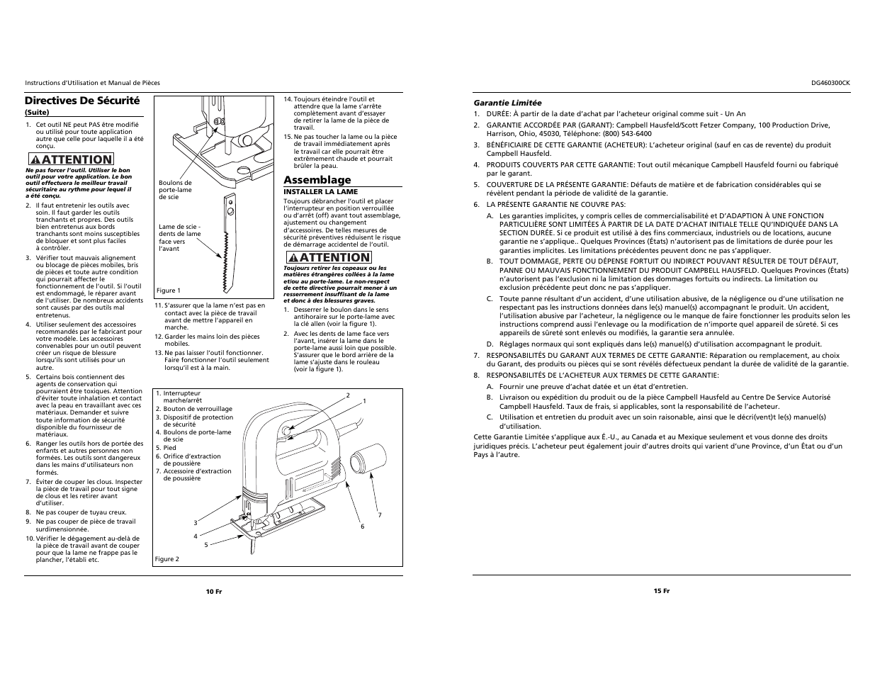 Attention, Assemblage, Directives de sécurité | Campbell Hausfeld DG460300CK User Manual | Page 10 / 12