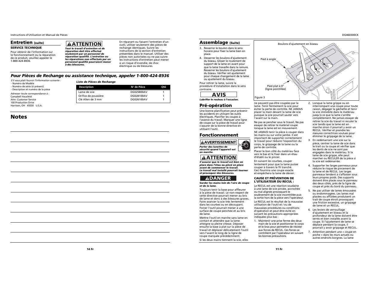 Attention, Avis, Danger | Campbell Hausfeld DG460300CK User Manual | Page 11 / 12