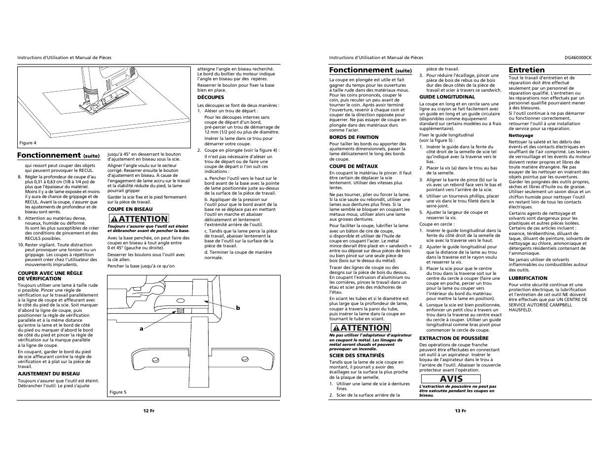 Attention, Avis, Entretien | Fonctionnement | Campbell Hausfeld DG460300CK User Manual | Page 12 / 12