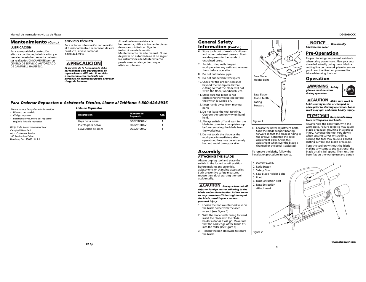 Precaucion, Mantenimiento, General safety information | Assembly, Pre-operation, Operation, Notice | Campbell Hausfeld DG460300CK User Manual | Page 3 / 12