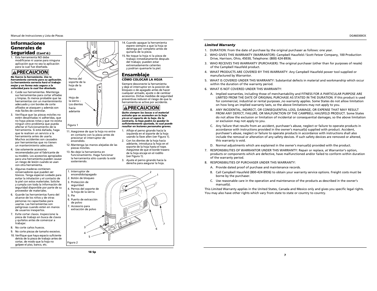 Precaucion, Informaciones generales de seguridad, Ensamblaje | Campbell Hausfeld DG460300CK User Manual | Page 7 / 12