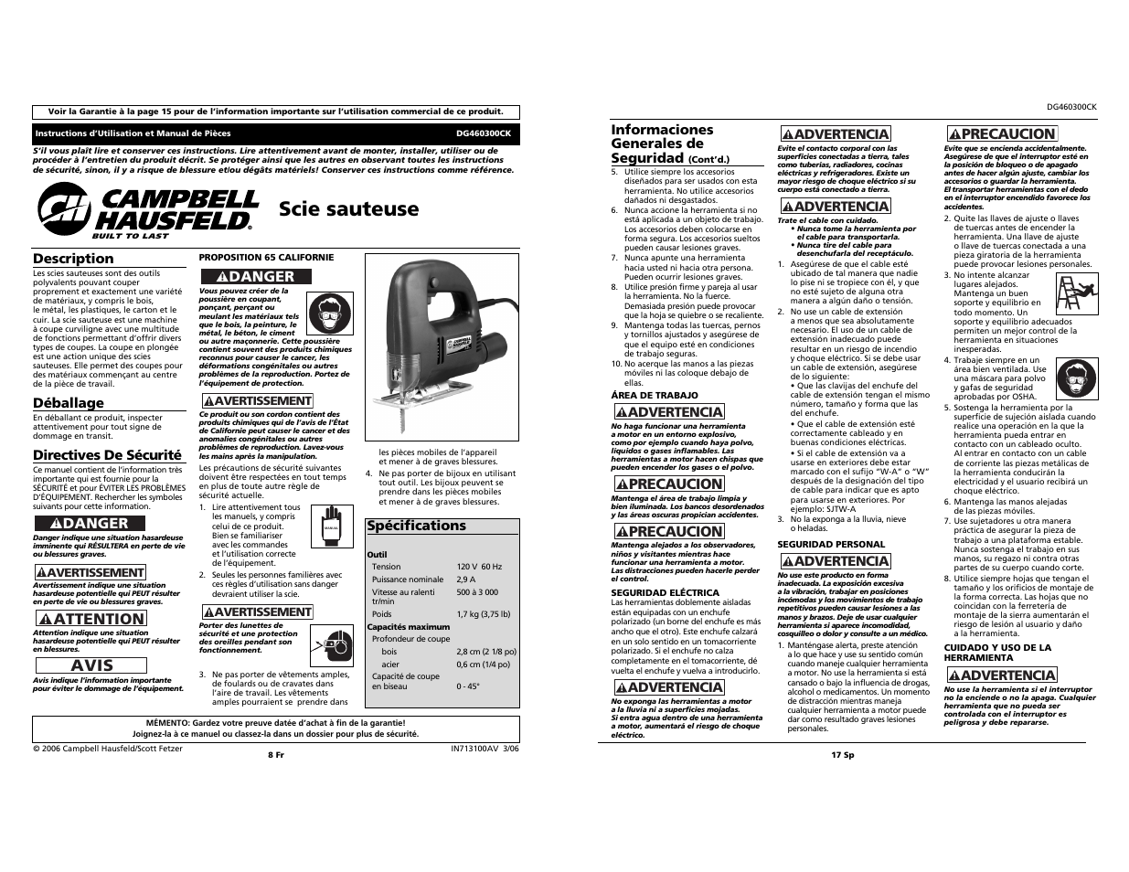 Scie sauteuse, Avis, Attention | Precaucion, Danger | Campbell Hausfeld DG460300CK User Manual | Page 8 / 12